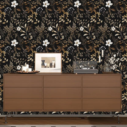Boho Floral Wallpaper Peel and Stick Black Gold Wallpapers 17.5'' x 393'' Vintage Gold Leaf Contact Paper for Cabinets Waterproof Self Adhesive Removable Wall Paper for Kitchen Table Countertop Walls