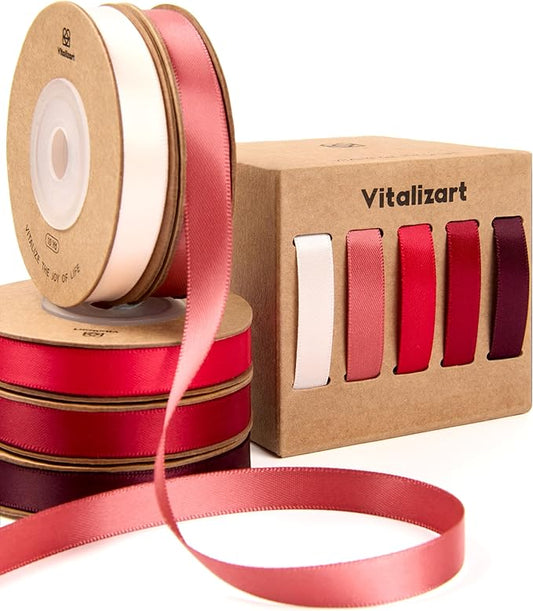 Vitalizart Red Ribbons for Crafts 3/8" x 50 Yd Satin Ribbon Double Face Gift Wrapping Silk Like Fabric Flower Bouquet Birthday Party Decoration Bridal Shower Wreath Hair Light Pink Burgundy