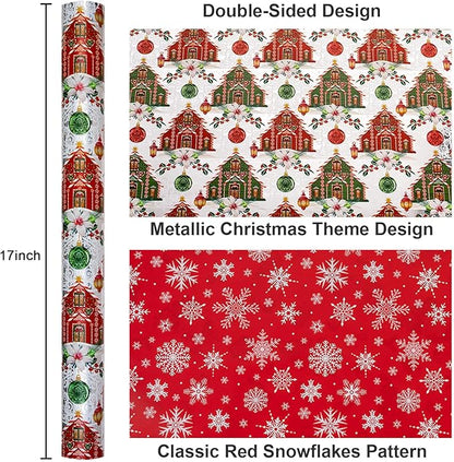 Yarcony Reversible Christmas Wrapping Paper, Vintage Christmas Ornament Gift Wrapping Paper, Classic Watercolor Retro House and Snowflakes Pattern for Holiday, Party(Mini Roll, 17Inch x 33Feet)