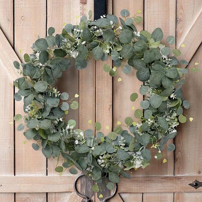 SOMYTING Artificial Eucalyptus Garland with White Flowers 2 Packs 5.9Ft Silver Dollar Leaves Eucalyptus Garland Faux Greenery Vines for Wedding Arch Table Runner Mantle Party Room Decor