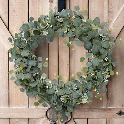 SOMYTING Artificial Eucalyptus Garland with White Flowers 2 Packs 5.9Ft Silver Dollar Leaves Eucalyptus Garland Faux Greenery Vines for Wedding Arch Table Runner Mantle Party Room Decor