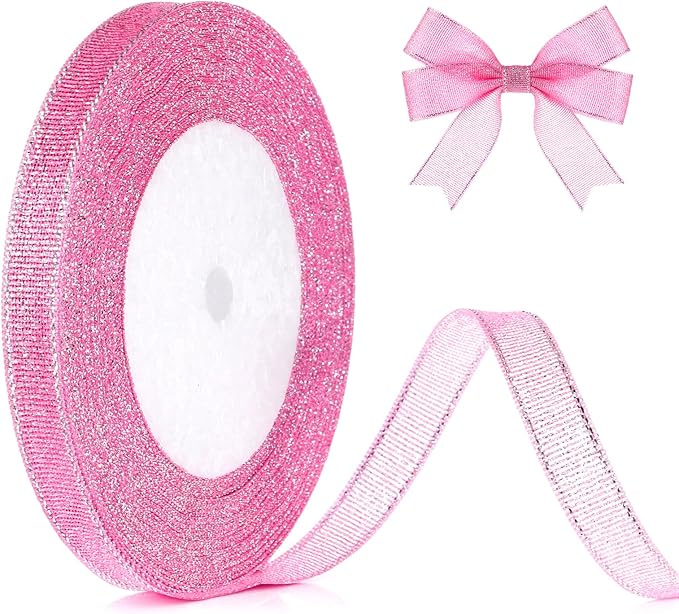 Pink and Silver Glitter Ribbon, 3/8 Inch x 24 Yards Long Sparkly Metallic Fabric Ribbons for Christmas Decorations, Gift Wrapping, Floral Bouquets Birthday, Wedding Party and DIY Crafts