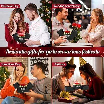 Christmas Birthday Gifts for Women - Preserved Real Rose with I Love You Heart 100-Language Necklace, LED Lights & Music Gift Box, Christmas for Women Girlfriend Mom