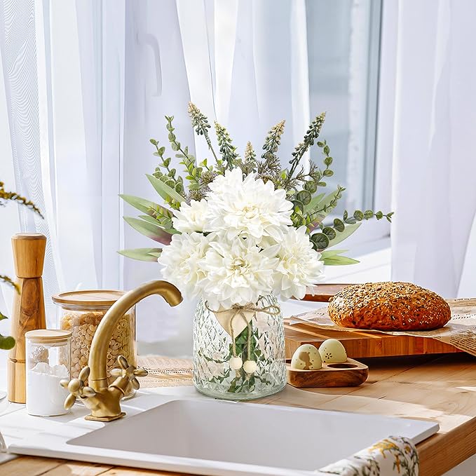 Der Rose Fake Flowers in Vase Silk Artificial White Flowers Arrangements with Glass Vase for Dinning Coffee Table Centerpieces Home Kitchen Farmhouse Wedding Decor
