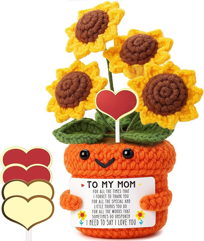 Mini Sentimental Gifts for Mom – Handmade Crochet Sunflower Mothers Day Birthday Gifts for Mom from Daughter Son Thank You Appreciation Gift You Are Loved Positive Reminder Christmas Stocking Stuffers