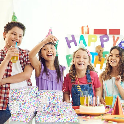 KIMOBER Birthday Wrapping Paper Roll,Colourful Paper with polka dot Gold Happy Birthday and Cut Lines on Reverse(17in×33ft Roll)