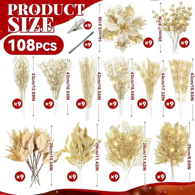 Yerliker 108 Pcs Gold Glitter Christmas Picks and Sprays, 12 Styles Artificial Christmas Floral Berry Branches Flowers Stems for Xmas Tree Ornaments Wreath Garland DIY Vase Holiday Party Decor