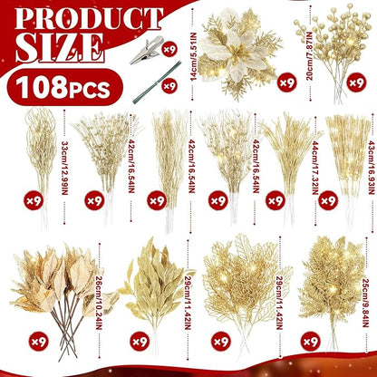 Yerliker 108 Pcs Gold Glitter Christmas Picks and Sprays, 12 Styles Artificial Christmas Floral Berry Branches Flowers Stems for Xmas Tree Ornaments Wreath Garland DIY Vase Holiday Party Decor