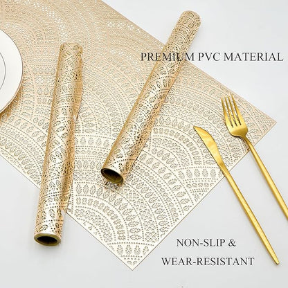 Gold Rectangle Placemats Set of 6, Vinyl Place Mats Hollow-Out Curved Pattern Waterproof Oil-Proof Wipeable Table Mats for Kitchen and Dining Centerpiece Table Decorations