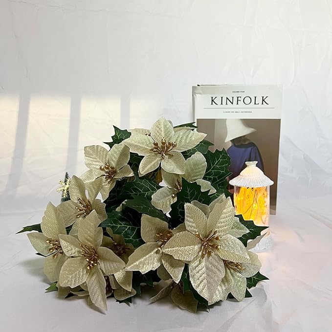 6 Pack Yellow Christmas Artificial Poinsettia Flowers Faux Poinsettia Bush Bouquets Silk Poinsettia Christmas Tree Ornaments Poinsettia Flower Arrangement for Home Decor