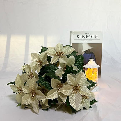 6 Pack Yellow Christmas Artificial Poinsettia Flowers Faux Poinsettia Bush Bouquets Silk Poinsettia Christmas Tree Ornaments Poinsettia Flower Arrangement for Home Decor