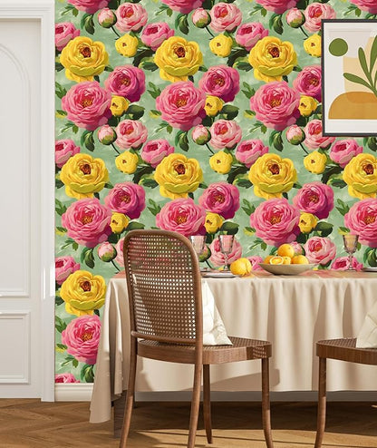 Colorful Floral Wallpaper Stick and Peel Vibrant Wall Paper Modern Boho Flowers Contact Paper for Bedroom Bathroom Yellow Pink Green Removable Renter Friendly 17.5 x 118In
