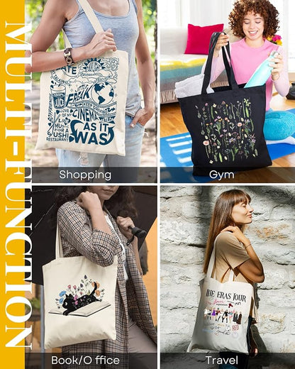AUSVKAI Cute Cat Book Canvas Tote Bag for Women Reusable Cotton Grocery Bag Beach Totes Gift