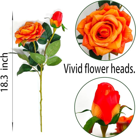 ATFL Fake Sunset Red Flowers, 6 Pcs Faux Silk Real Touch Moisturizing Artificial Rose Flowers for Wedding Decor,Flores Irosas Artificiales para Decoracion(6, Orange)