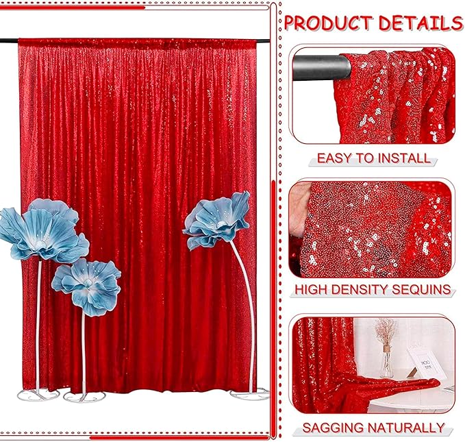Red Sequin Curtains 4FTx8FT 2 Panles Sequin Backdrop for Parties Glitter Backdrop Photo Background for Wedding Baby Shower