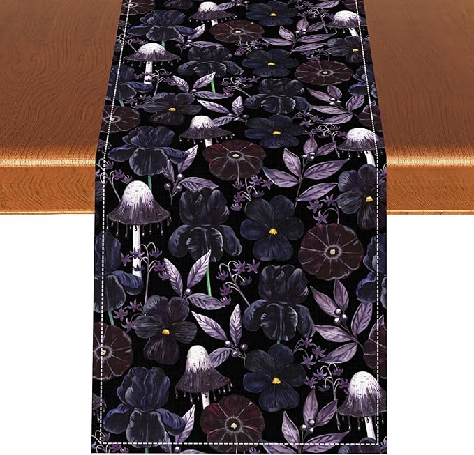 Gothic Floral Table Runner, Dark Purple Vintage Garden Flower Witchy Mushroom Farmhouse Coffee Table Center Decor for Home Kitchen Dining Patio Holiday Party Table Decorations 13x36 inches