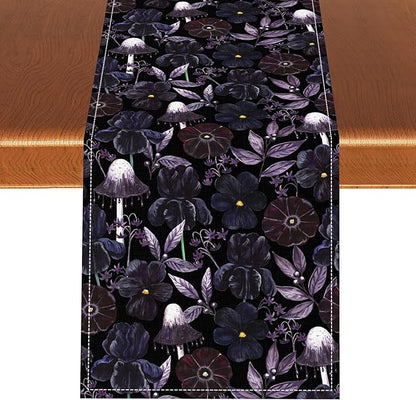 Gothic Floral Table Runner, Dark Purple Vintage Garden Flower Witchy Mushroom Farmhouse Coffee Table Center Decor for Home Kitchen Dining Patio Holiday Party Table Decorations 13x108 inches