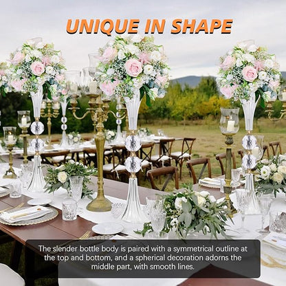 VIJIV Crystal Acrylic Trumpet Vase for Wedding Centerpieces & Home Decor - 24.8" Clear Flower Stand with Ribbed Texture, Gold Accents, Table/Floor Vase for Events, Bridal Showers & Boho Weddings