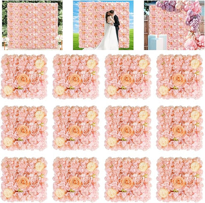 FUHSY Pink Flower Wall Backdrop 3D Rose Flower Wall Panel 12 Packs 15 x 15 Inch Artificial Flower Wedding Backdrop for Photo Floral Background for Bridal Shower Birthday Party Stage Room Decor