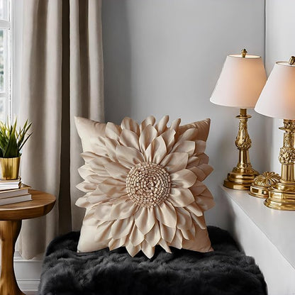 Bella's Giftshop 3D Sunflower Decorative Throw Pillow Covers for Bed Sofa Couch Car, Accent Floral Taffeta Cushion Cover, Handmade Pillow Cases Living Room Decor, 17x17 Inch-Beige/Taupe