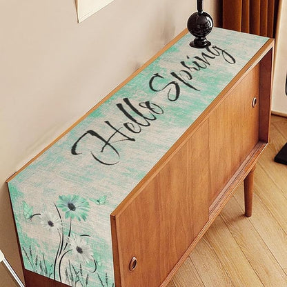 Daisy Floral Table Runner, Rustic Sunflower Wild Flowers Wooden Spring Teal Decor for Family Kitchen Farmhouse Holiday Party Table Decorations Indoor Outdoor 13x72 inch