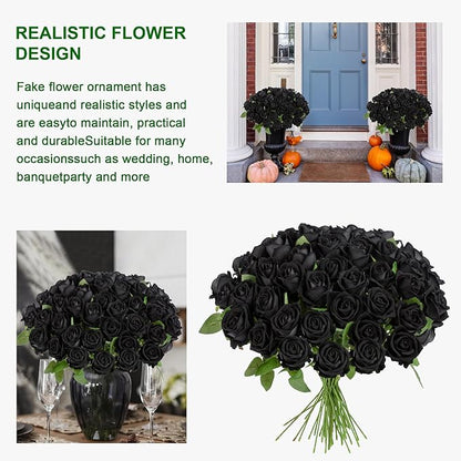 Fake Plants Roses Flowers Plastic Flowers Spring Decorations for Home Gifts for Gf Roses Artificial Flowers for Vase Fake Flowers Home Decor 19.6"(Black 50PCS)