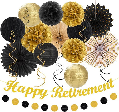 Black Gold Women-Men Happy-Retirement Party-Decorations - 21pcs Celebration Banner,Paper Streamers Lanterns Honeycomb,Tissue Flowers Pom Poms Fan, Classroom Backdrop Supplies Garland Decor Huglony