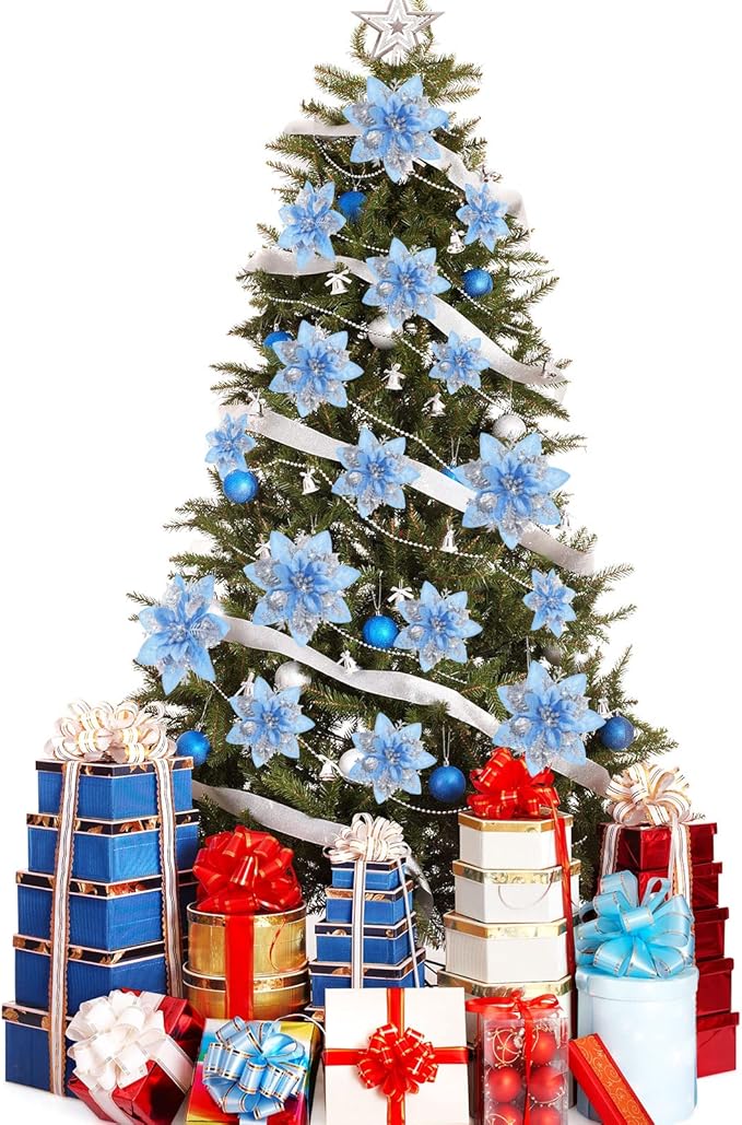 24 Christmas Glitter Artificial Poinsettia Flowers Xmas Poinsettia Artificial Wedding Flowers Decorations Xmas Tree Ornaments with Clips for Party Favors, 6 Inch, 4 Inch, 3 Inch (Silver and Blue)