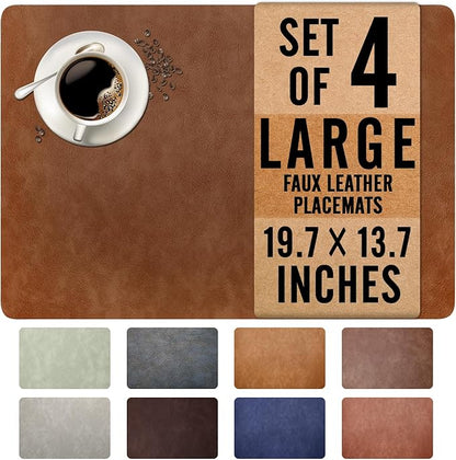 UnivoColors Washed Cowhide Pattern Faux Leather Big Size Placemats Set of 4, Waterproof Easy to Clean Anti-Slip PU Table Mats for Party Decoration19.7″×13.6″,Red Brown Retro Cowhide Pattern