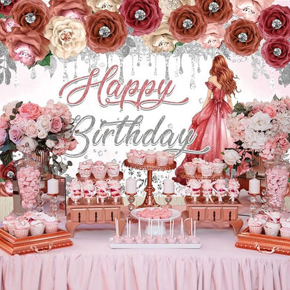 AOFOTO Happy Birthday Backdrop Red Beige Pink Rose Floral Diamond Print Photography Background for Women Girls Birthday Party Banner Home Wall Decor Photo Studio Booth Props 12x8ft