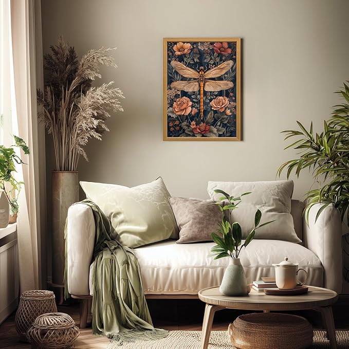 LLEEMPI William Morris Wall Art, Vintage Dragonfly Floral Wall Decor, Abstract Insect Flower Canvas Painting, Nature Botanical Poster Print for Living Room Bedroom Bathroom Office Wood Framed 8x10 inch