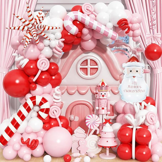 130 Pcs Christmas Balloon Arch Kit, Red Pink White Latex Balloons Garland with Santa Candy Cane Star Foil Mylar Balloon for Xmas Christmas New Year Winter Holiday Baby Shower Birthday Party Decoration