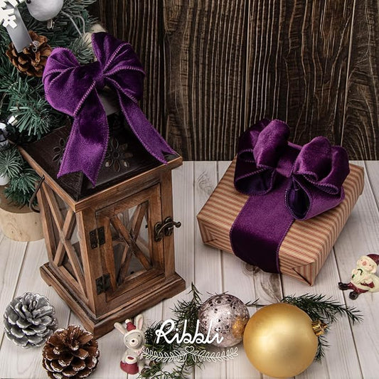Ribbli Purple Velvet Wired Ribbon 2.5 Inch Velvet with Satin Christmas Ribbon for Gift Wrapping Christmas Tree Decoration Crafts Wreaths Supplies-Continuous 10 Yards