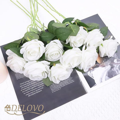 52pcs Ivory Roses Artificial Flowers Ivory White Roses Fake Flowers Silk Roses with Stems for DIY Wedding Bouquets Bridal Shower Centerpieces Arrangements Party Decorations