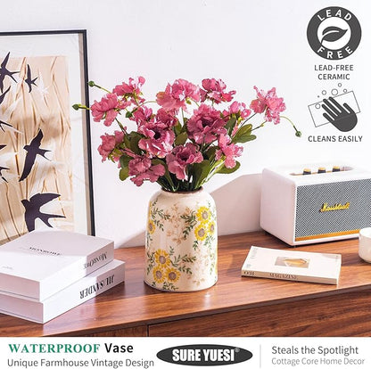 Sunflower Green and Beige Vase, Yellow Ceramic Vintage Vase Cottage Core Home Decor, Cute Floral Centerpiece Vases for Living Room, Bedroom, Kitchen, Table Grand Millennial Decors, Tuscan Decor 7.8In