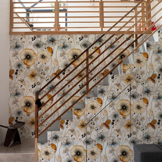 Watercolor Floral Peel and Stick Wallpaper Amber and Blue Leaf Gold Self Adhesive Removable Floral Wall Paper Renter Friendly Contact Paper for Bedroom Bathroom Walls Shelf Liner 17.71"X236.2"