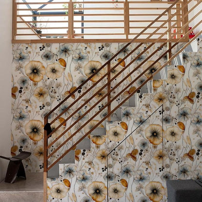 Watercolor Floral Peel and Stick Wallpaper Amber and Blue Leaf Gold Self Adhesive Removable Floral Wall Paper Renter Friendly Contact Paper for Bedroom Bathroom Walls Shelf Liner 17.71"X236.2"