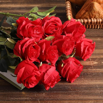Kisflower 8 Pcs Red Roses Artificial Flowers with Stems Silk Roses Fake Rose Realistic Flower Bouquet for Wedding Party Office Home Decor (Red)