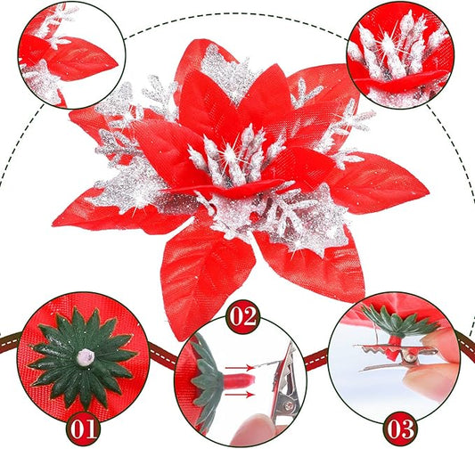 24 Christmas Glitter Artificial Poinsettia Flowers Xmas Poinsettia Artificial Wedding Flowers Decorations Xmas Tree Ornaments with Clips for Party Favors, 6 Inch, 4 Inch, 3 Inch (Red and Silver)