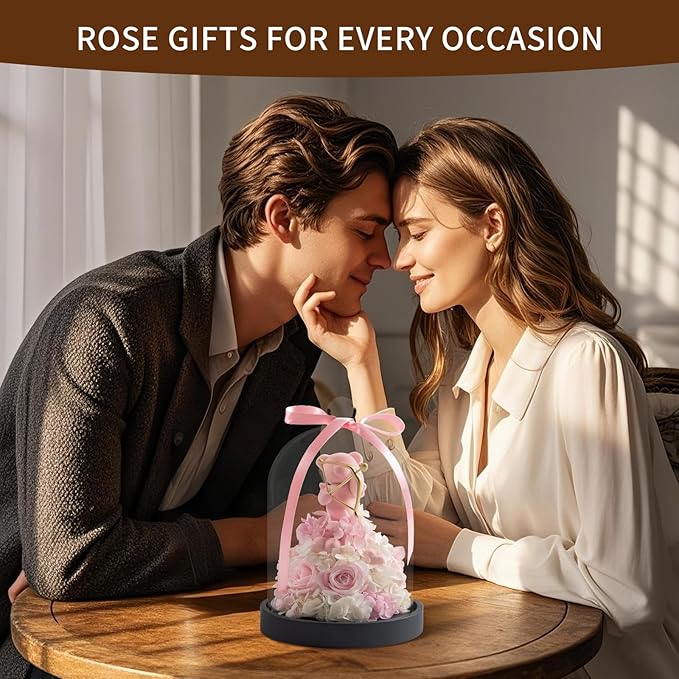 SEEROSE Preserved Rose with Cupid Bear in Glass Dome, Eternal Real Rose Romantic Gift for Her, Women, Mom, Wife, Girlfriend, Valentine’s Day, Mother’s Day, Christmas, Birthday (Cupid Bear, Pink)