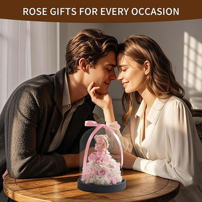 SEEROSE Preserved Rose with Cupid Bear in Glass Dome, Eternal Real Rose Romantic Gift for Her, Women, Mom, Wife, Girlfriend, Valentine’s Day, Mother’s Day, Christmas, Birthday (Cupid Bear, Pink)