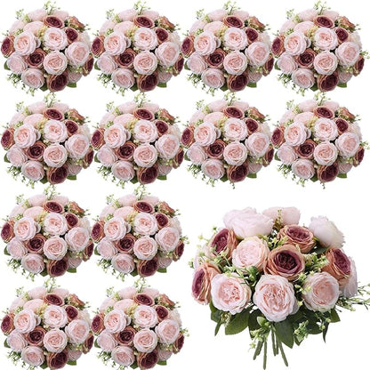 Geosar 24 Bundles Artificial Peonies Flowers Fake Silk Peony Bouquet Faux Peonies Flowers Bulk for Decoration Vase Floral Arrangements Wedding Party Table (Dusty Rose)