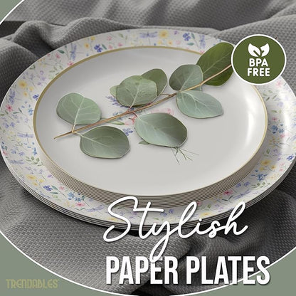 Trendables Heavy Duty Paper Plates Set For 32 Guests - 32 Each Of 8-inch And 10-inch Disposable Plates For Party - Fancy 64 Piece Dinnerware Set For All Occasions | Floral Design, Charm