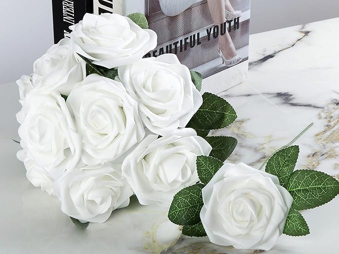 Artificial Flower Foam Rose 25pcs Real Looking Fake Rose with Stems Leaves for Home Decoration Party Garden Centerpieces DIY Wedding Bouquets（White）