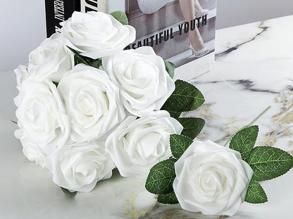 Artificial Flower Foam Rose 25pcs Real Looking Fake Rose with Stems Leaves for Home Decoration Party Garden Centerpieces DIY Wedding Bouquets（White）