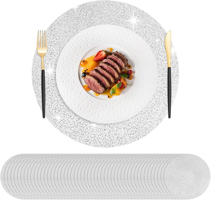 Hysenm 100 Pcs Disposable Silver Placemats Set Metallic 13 Inch Round Foil Mesh Pressed Table Doilies, Ultra-Thin Disposable Placement Mats for Home Decoration Dining Table Wedding Birthday Party