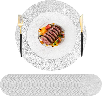 Hysenm 100 Pcs Disposable Silver Placemats Set Metallic 13 Inch Round Foil Mesh Pressed Table Doilies, Ultra-Thin Disposable Placement Mats for Home Decoration Dining Table Wedding Birthday Party