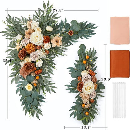 Wedding Arch Flowers with Drapes Kit (Pack of 4) - 2pcs Artificial Terracotta Deluxe Swag with 2pcs Sheer Drapes for Wedding Ceremony Backdrop Rose Floral Decoration Arbor Reception