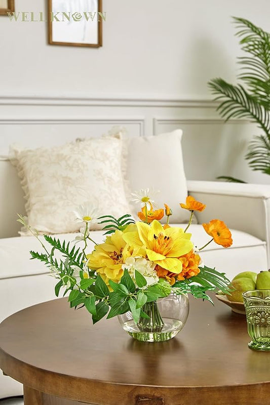 WELL KNOWN Artificial Silk Flowers in Glass Vase for Dining Table Decor, Tropical Orange Orchid Flowers Bouquet Arrangement with Faux Water for Home Office Wedding Party Dining Table Centerpieces Gift