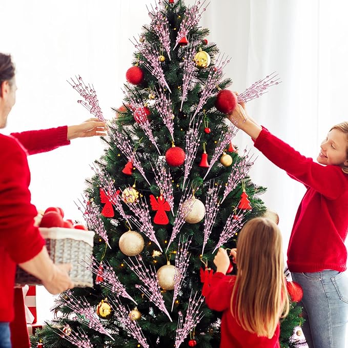 Geosar 30 Pcs Christmas Artificial Glitter Berry Stem Decorations 17 Inch Faux Stick Floral Pick Centerpiece Bouquet Flower Bead Twigs for Centerpiece Tree Wreath Xmas Ornaments Home(Pink)